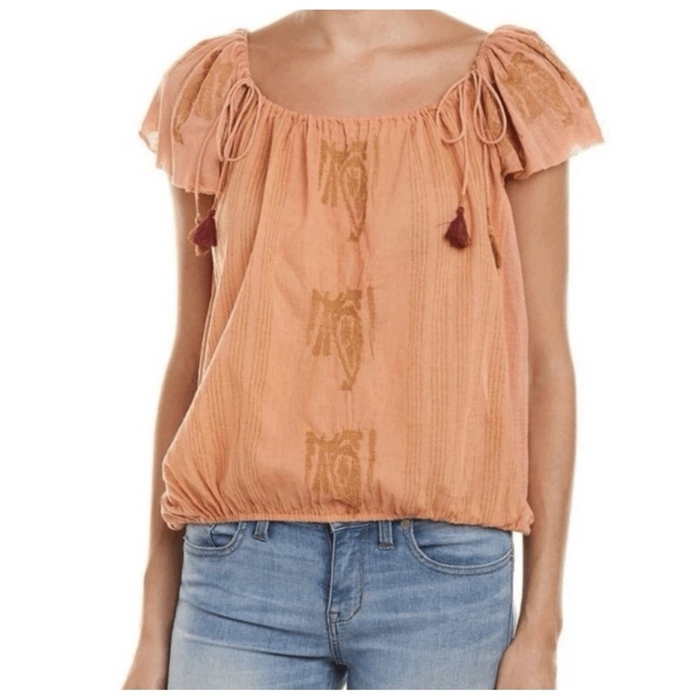 Free People Pukka Embroidered Tassel Tie Shoulder Top Sz Large Orange Boho
